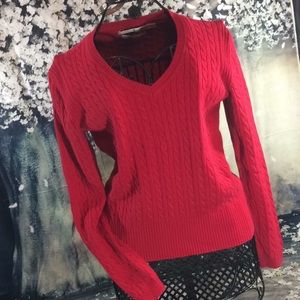 New🌷Tommy Hilfiger Red cable vneck sweater sz SP